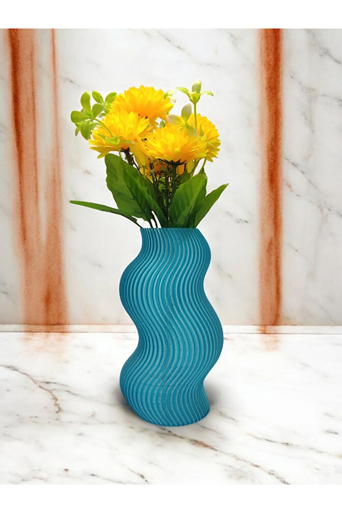 Dalgalı Çizgili Burgu İskandinav Tarz Özel Tasarım Dekoratif Vazo Biyoplastik Transparan Mavi