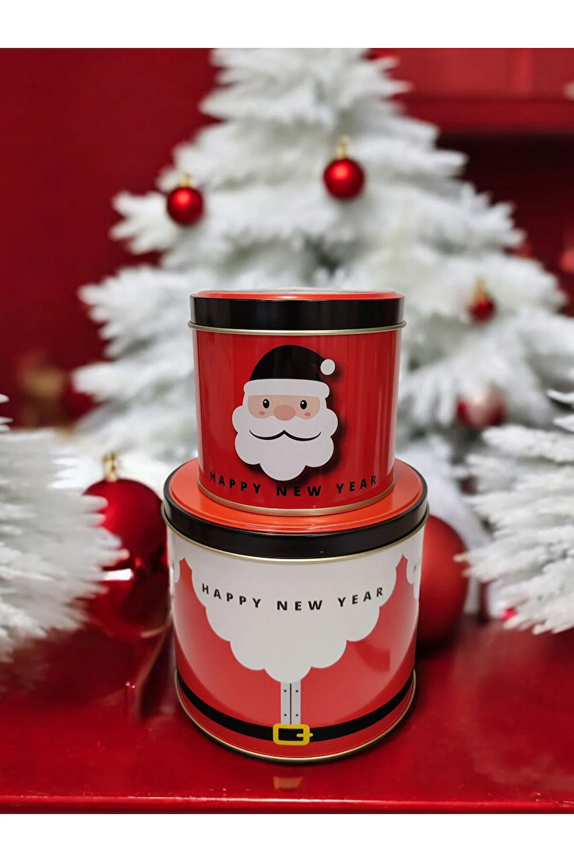 Yılbaşı Noel Baba Baskılı Metal Saklama Kutusu Hediyelik Kurabiye Kutusu 2'li Set