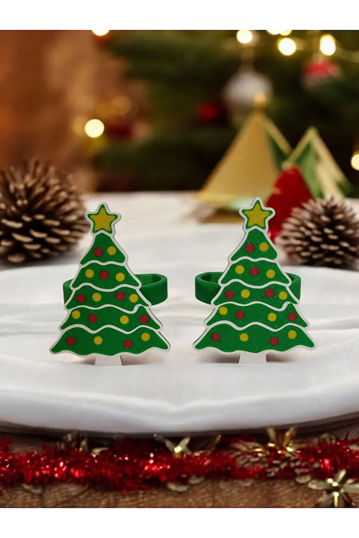 Yılbaşı Temalı Yeni Yıl Sofrası Süslü Çam Ağacı Peçete Yüzüğü 2'li Takım