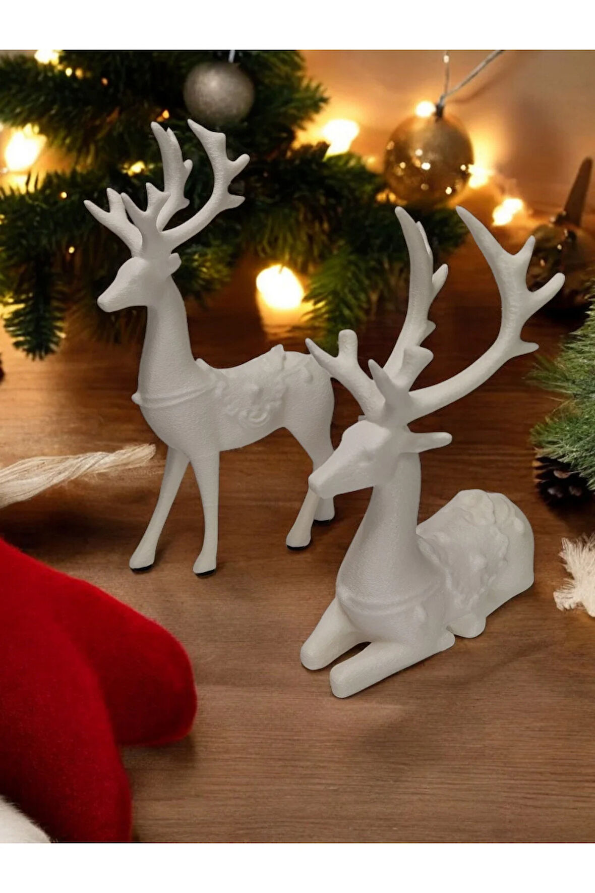 Yılbaşı Dekoru Geyik Ayakta ve Oturan 2li Set Dekoratif Obje Beyaz