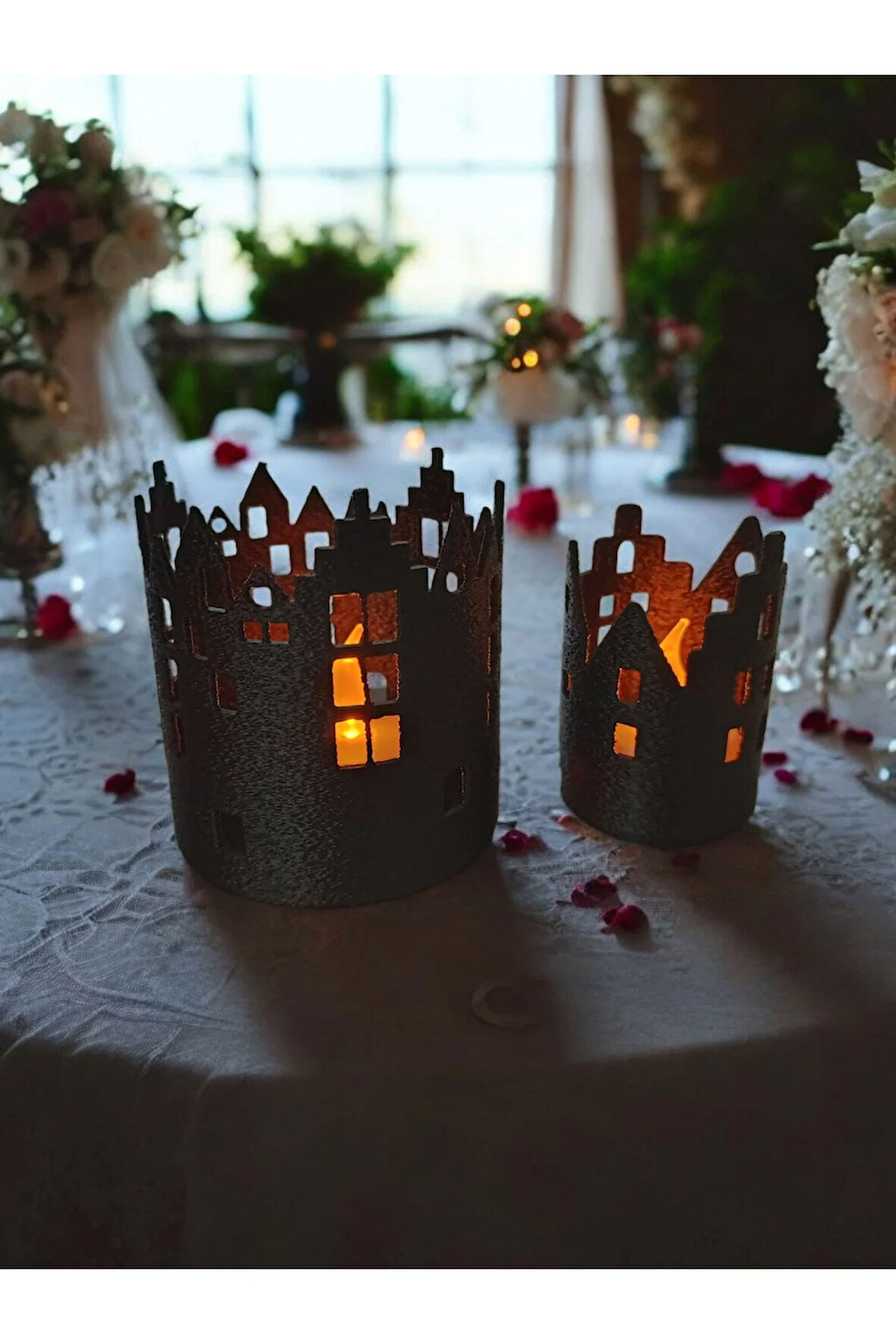 Şehir Evleri Desenli Mumluk Seti Alev Efektli Led Mum Hediye! Siyah