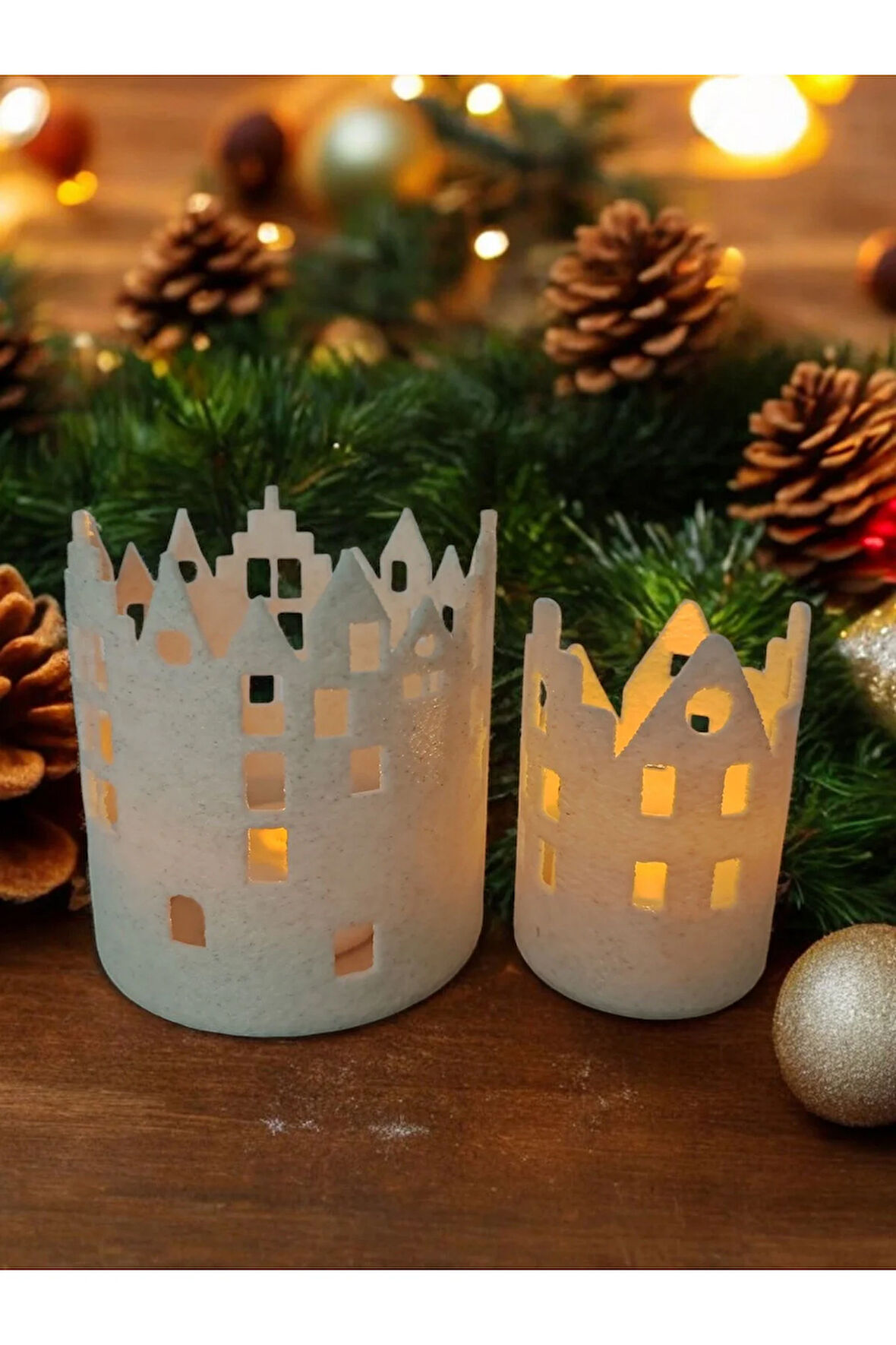 Şehir Evleri Desenli Mumluk Seti Alev Efektli Led Mum Hediye! Granit Beyaz