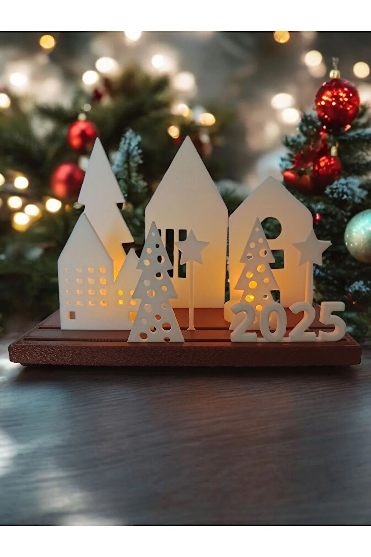 Alev Efektli Titreyen Led Mumlu Şehir Evleri 2025 Dekoratif Obje Beyaz