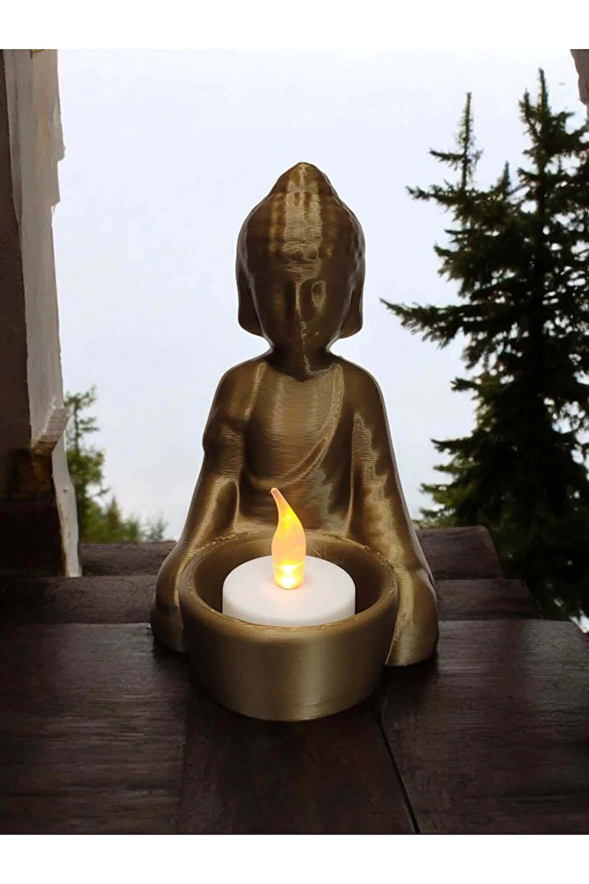 Alev Efektli Titreyen Led Mumlu Budha Modern Dekoratif Mumluk Şamdan Bronz