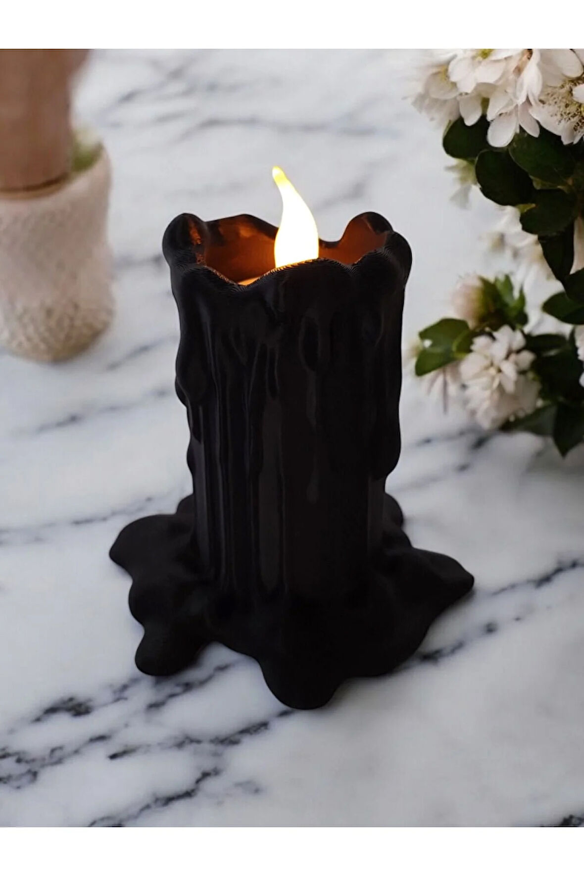 Led Mumlu Eriyen Alev Efektli Titreyen Led Mum Modern Dekoratif Şamdan Siyah 10 Cm