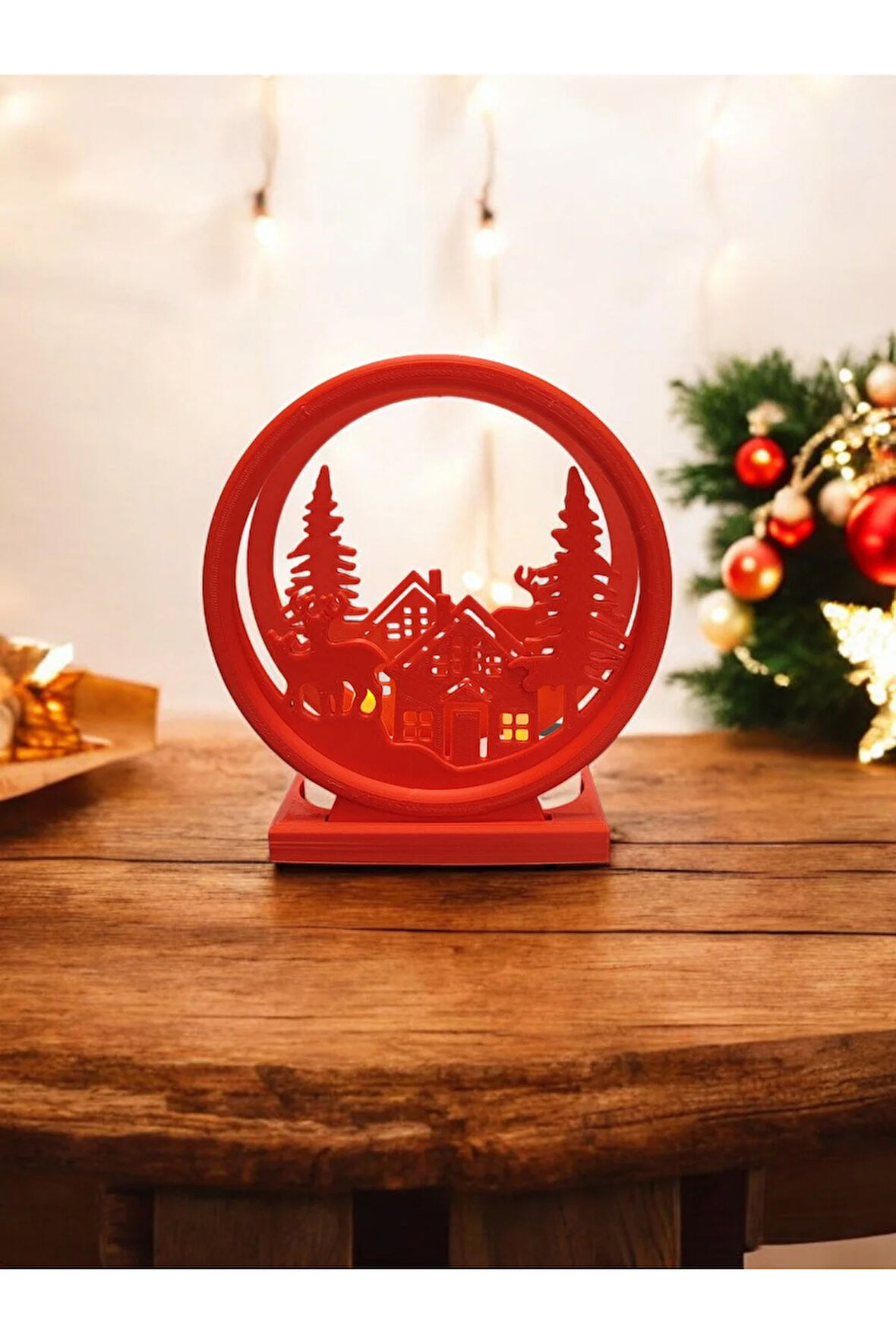 Led Mumlu Yılbaşı Köyü Süsü Noel Çam Ağacı Dekoratif Obje Kırmızı