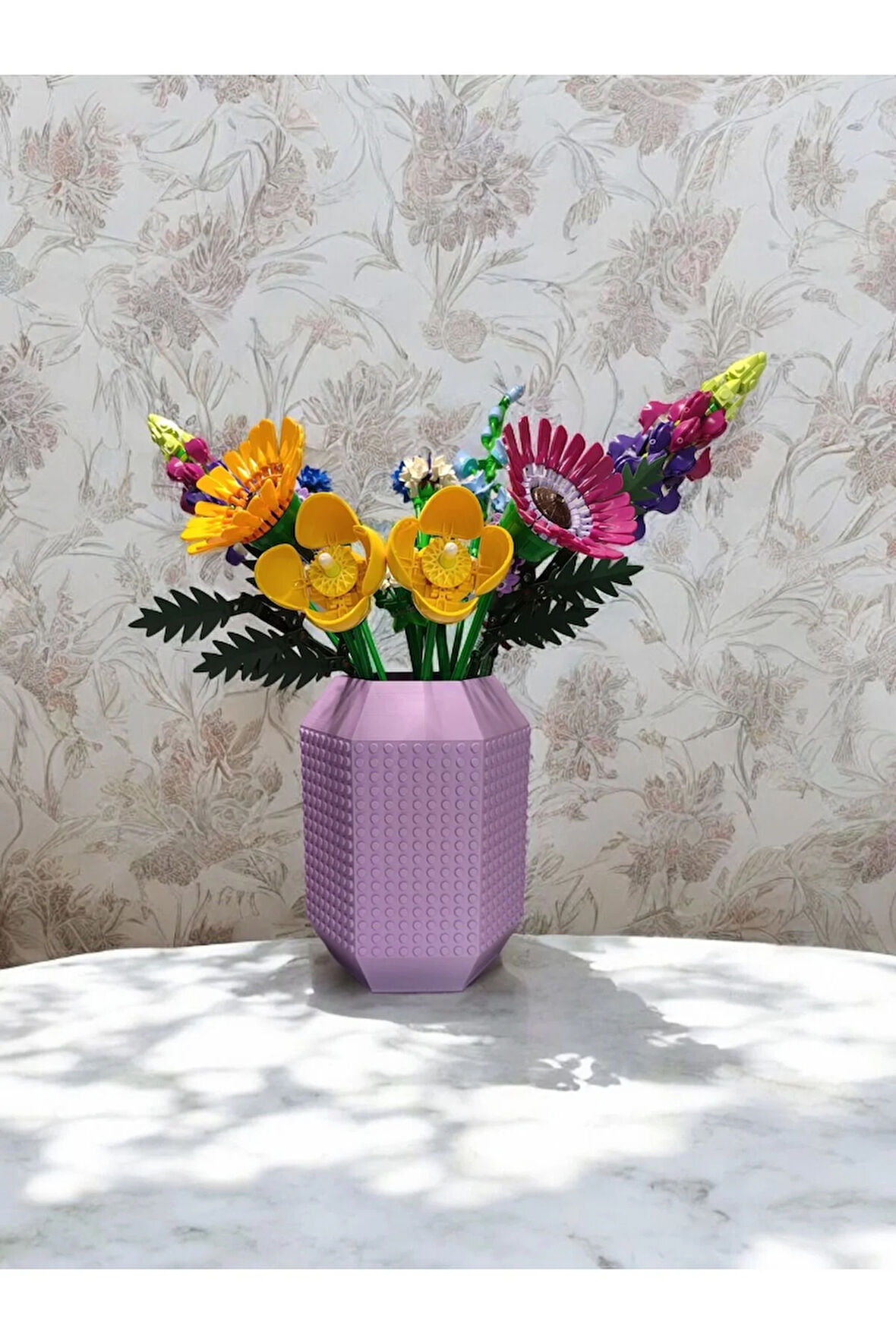Lego Çiçek Uyumlu Özel Tasarım Büyük Dekoratif Vazo Biyoplastik Pastel Mor
