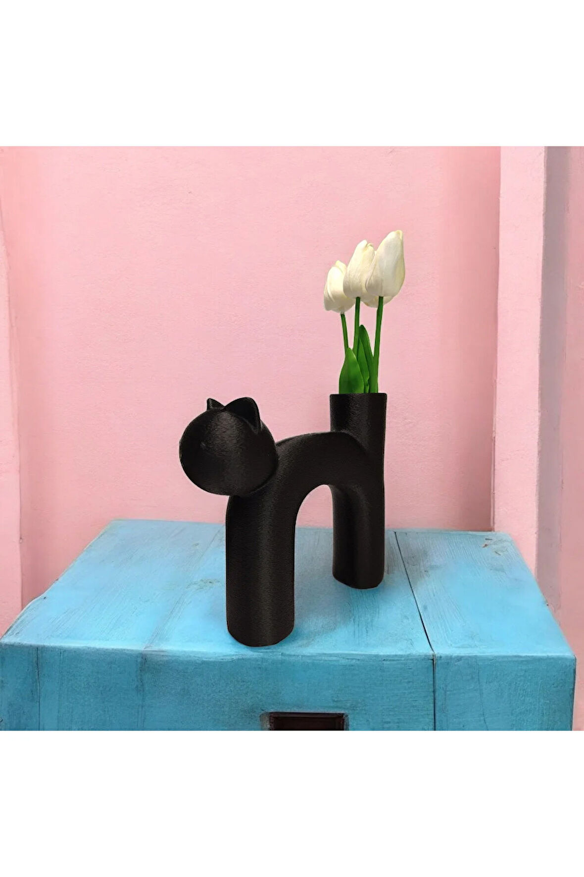 Sevimli Kedi Vazo Özel Tasarım Dekoratif Vazo Biyoplastik Siyah