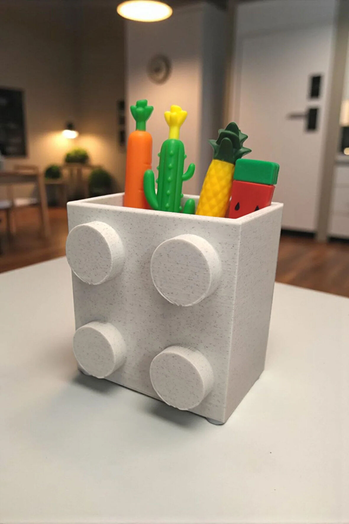 Dev Blok Tasarımlı Kalemlik Masaüstü Organizasyon Dekoratif Ofis Aksesuarı Granit Beyaz