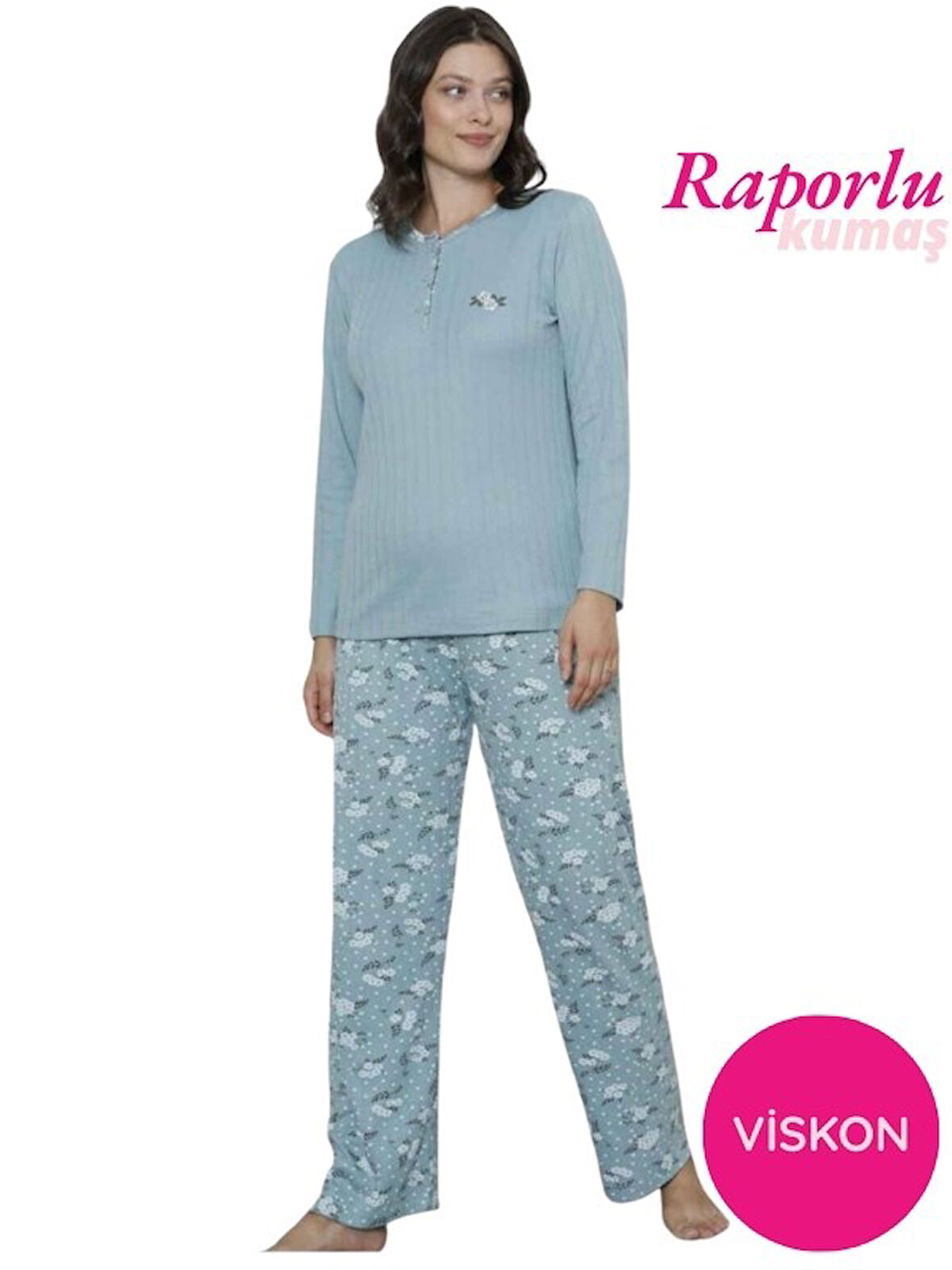 Kadın Çiçek Desen 3 Düğmeli Raporlu Kışlık Viskon Uzun Kol Pijama Takımı