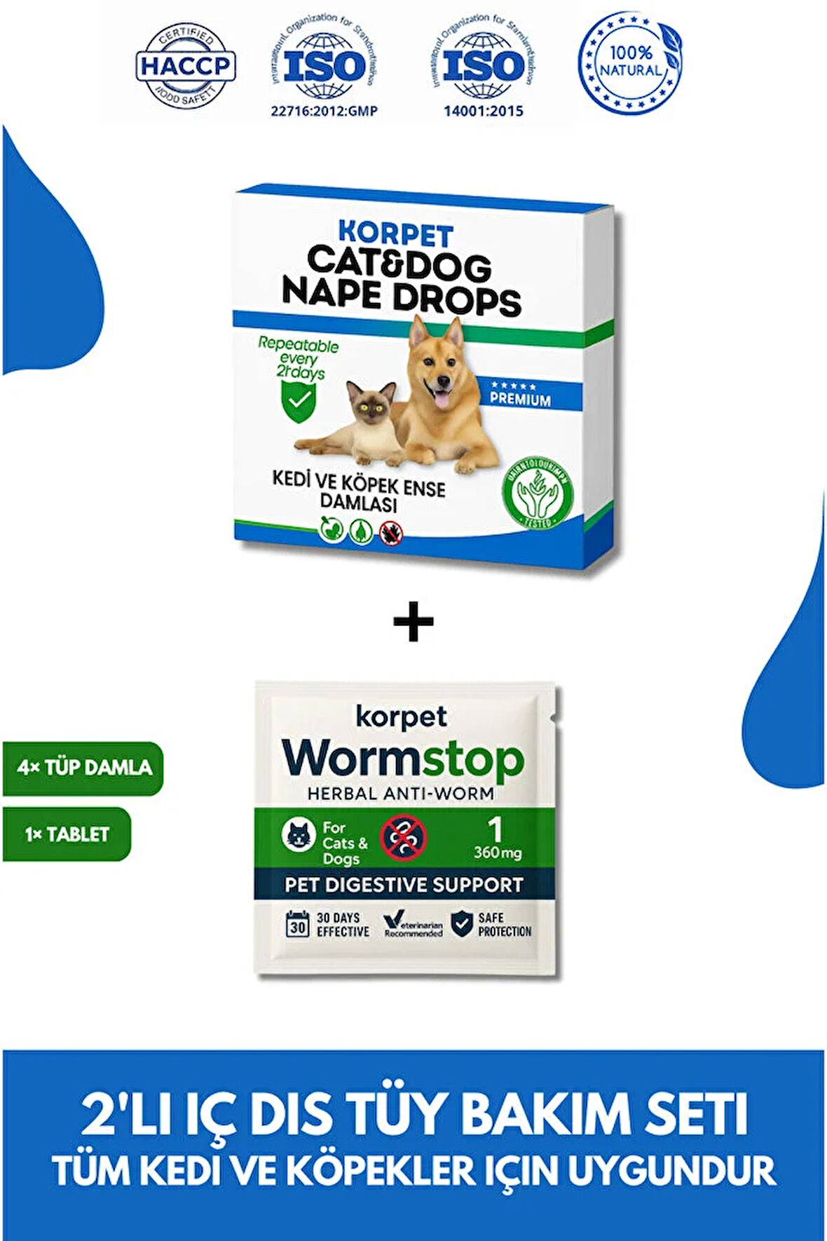 2'li Set Kedi Köpek İç Dış Deri Tüy Bakım Bitkisel 4 Damla ve 1 Tablet Paketi (PARAZİT)