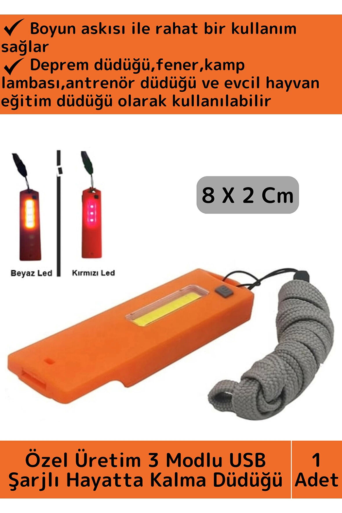 Premium Acil Durum Deprem Antrenör Aydınlatmalı 3 Mod USB Şarjlı Askılı Işıklı Hayatta Kalma Düdüğü