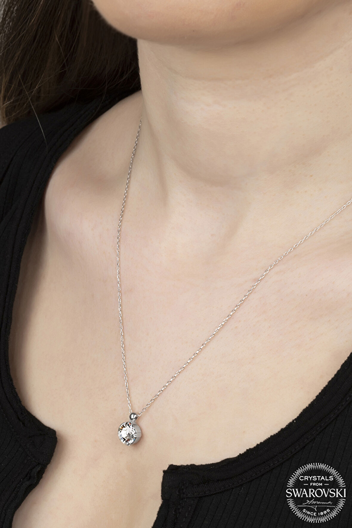 SWAROVSKİ CRYSTAL TEK TAŞ  925 AYAR GÜMÜŞ KOLYE