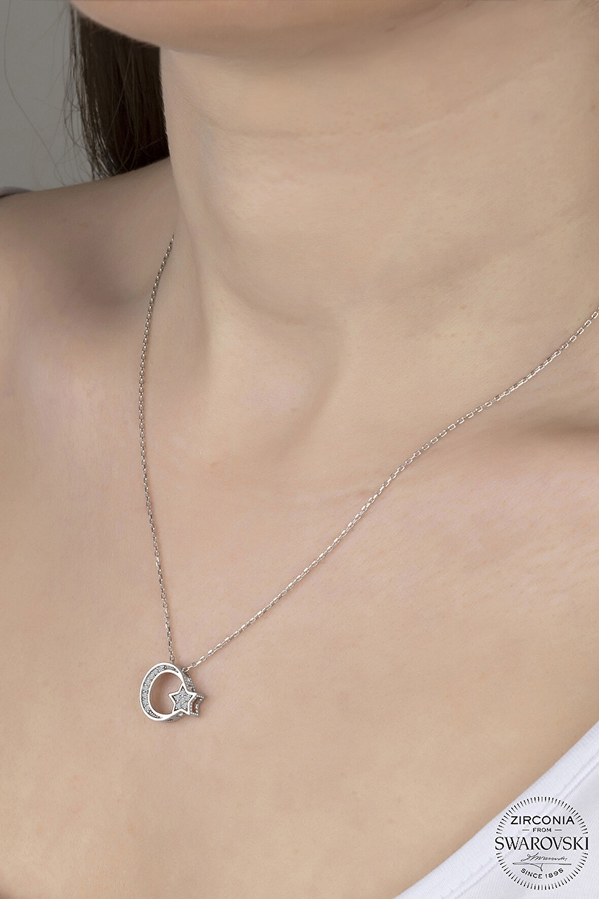 SWAROVSKİ CRYSTAL AY YILDIZ  925 AYAR GÜMÜŞ KOLYE