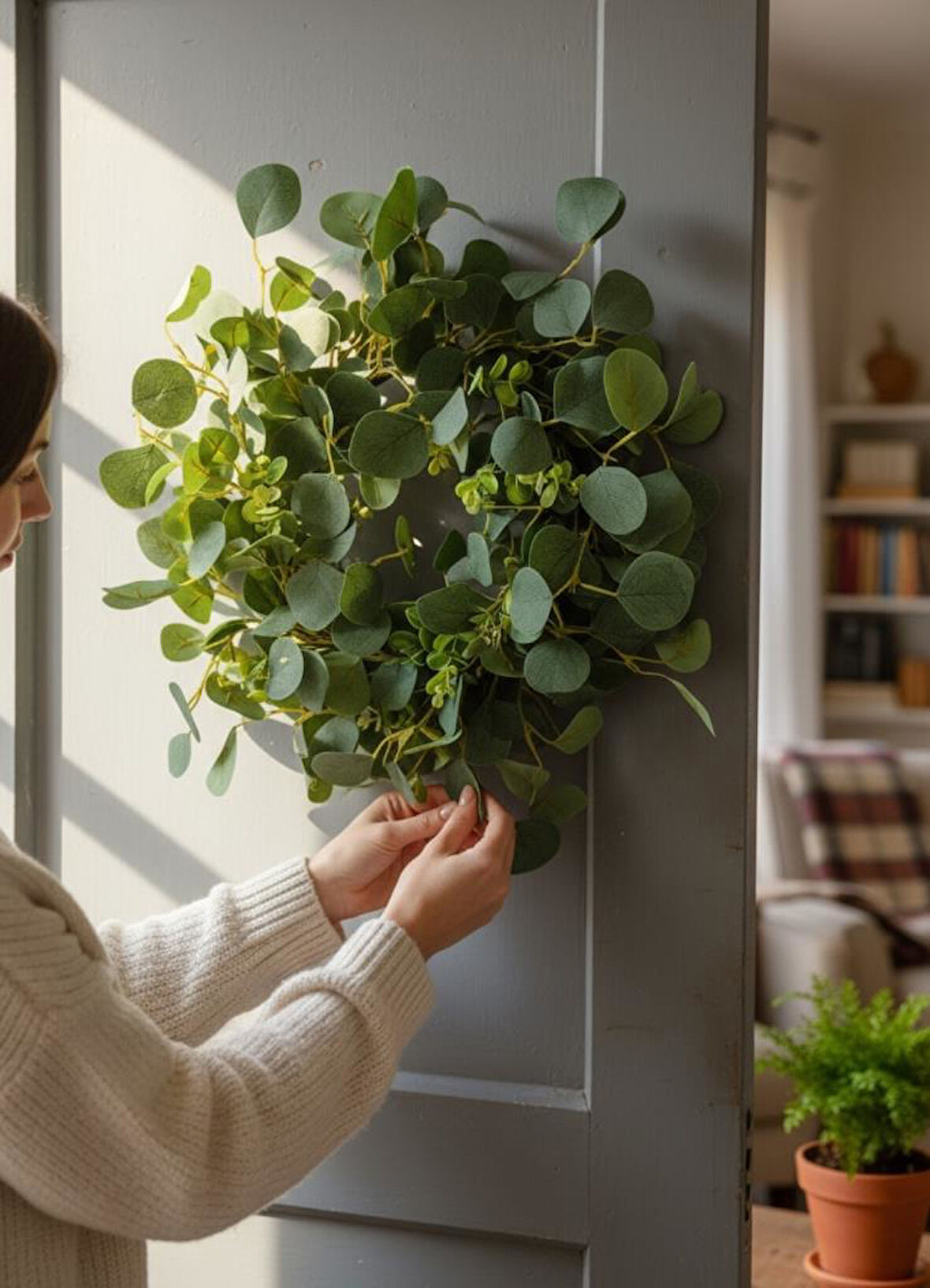 Yapay Çiçek Kapı Süsü Yeşil Okaliptus 50cm Yılbaşı Kapı Çelengi