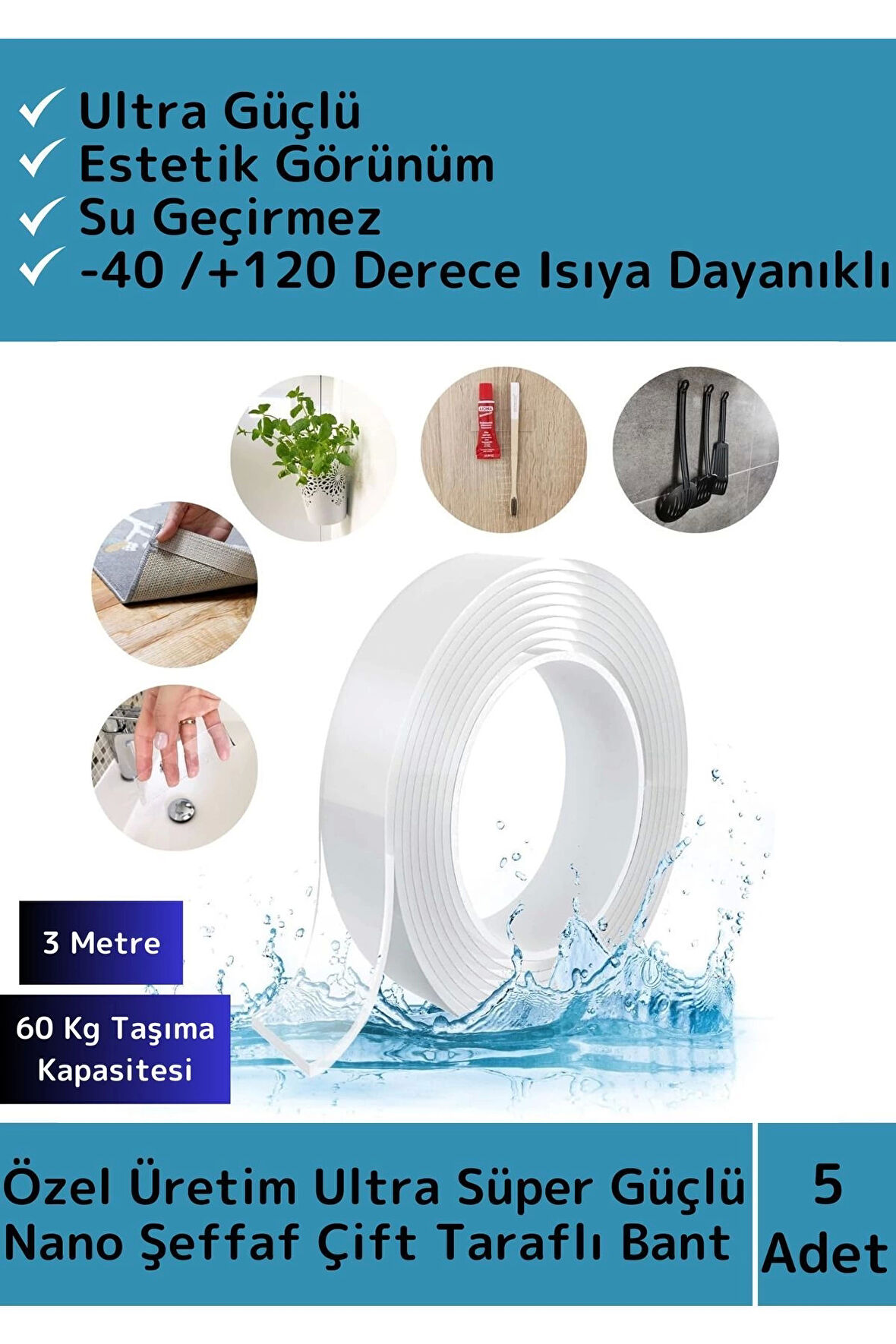 Premium Seri Ultra Süper Güçlü Yüksek Mukavemetli Nano Çift Taraflı Doku Şeffaf Bant 3 Metre 5 Adet