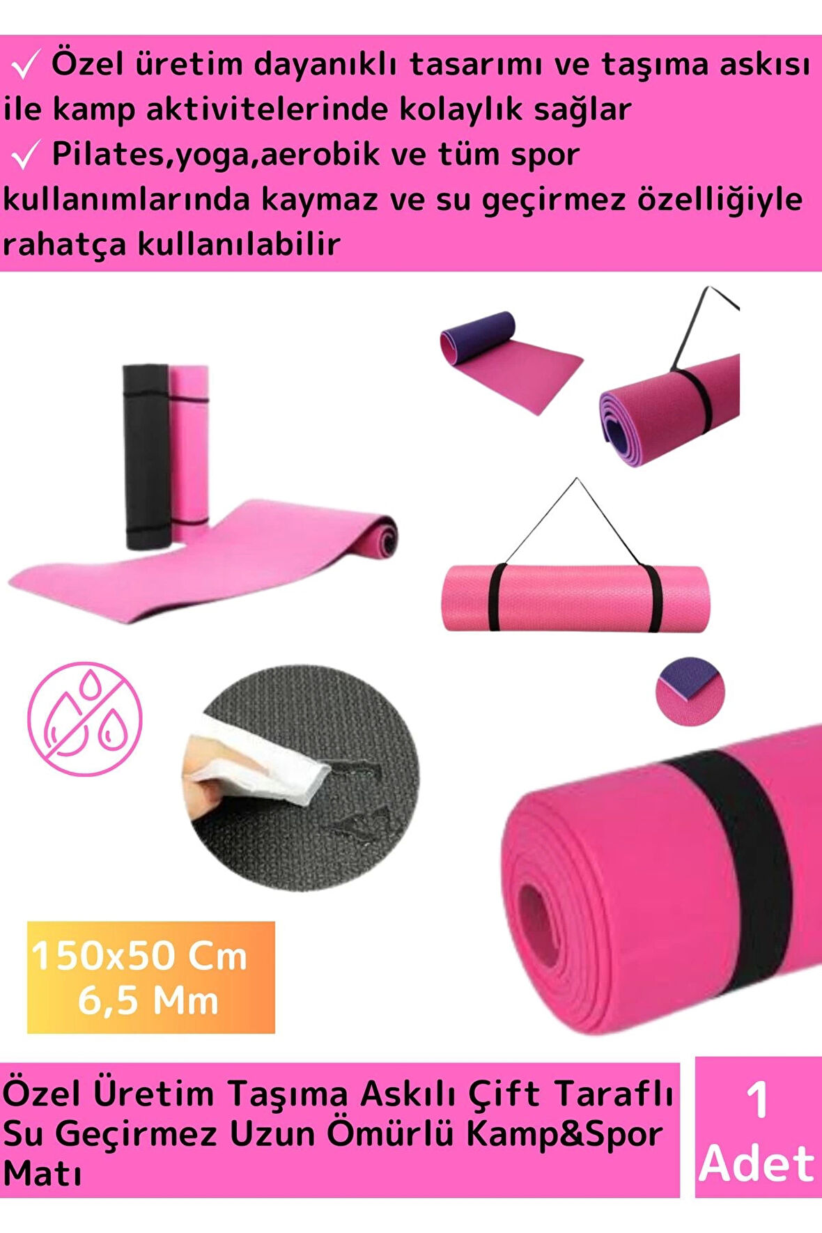 Özel Üretim Çift Taraflı Kaymaz Su Geçirmez Taşıma Askılı Kamp Uyku Matı Yoga Pilates Fitness 6,5 Mm