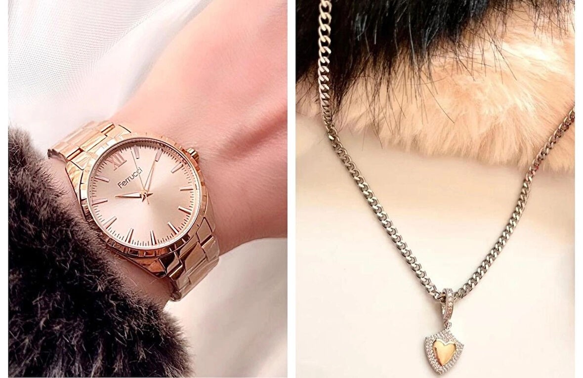 Ferrucci Çelik Kasa Kordon-Sade Şık Kadın Kol Saati+%100 Çelik Kolye Hediye