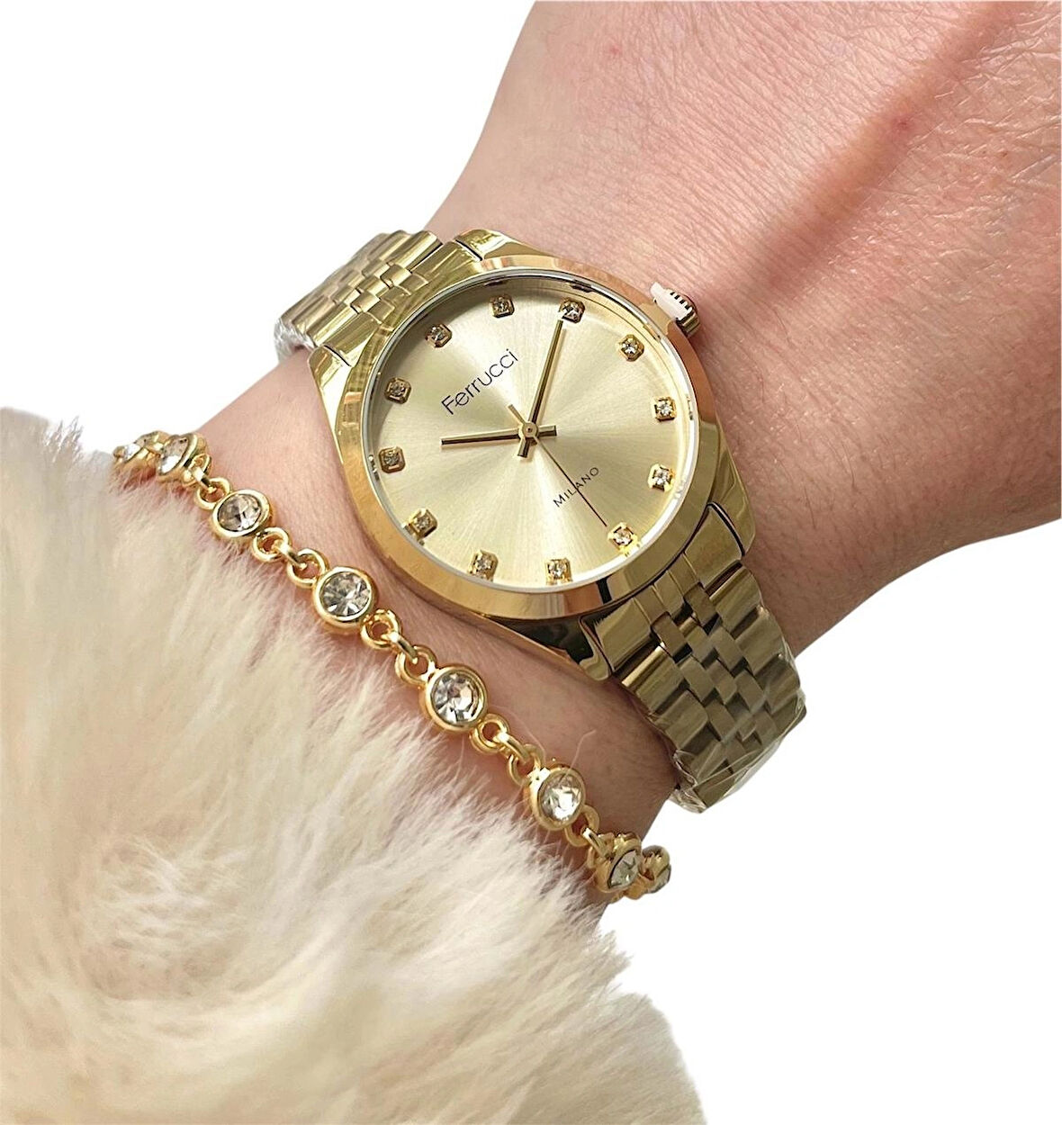 Ferrucci Milano Serisi Çelik Taşlı Şık Model Kadın Kol Saati+Bileklik Hediyeli