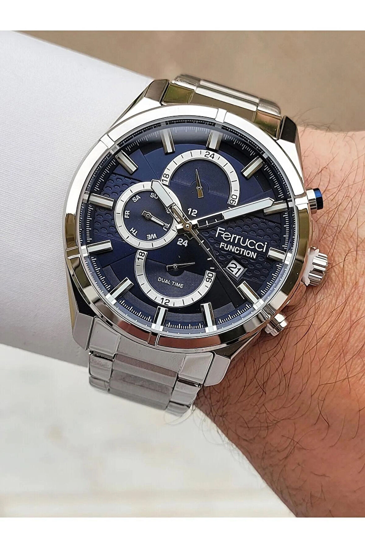 Ferrucci Silver Kordon Fonksiyonlu Takvimli Çelik Kordon Erkek Kol Saati