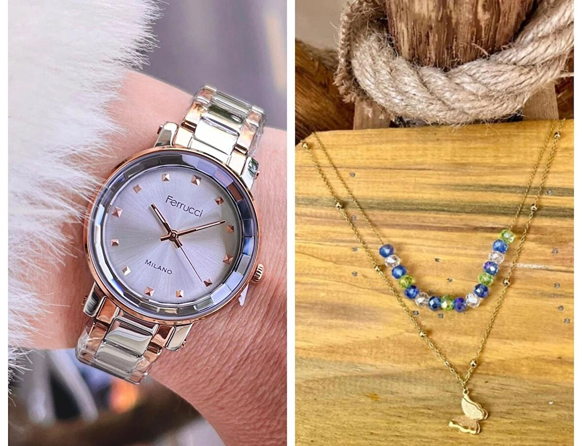 Ferrucci Sade Şık Model Çelik Kadın Kol Saati+Çelik Kolye Hediye