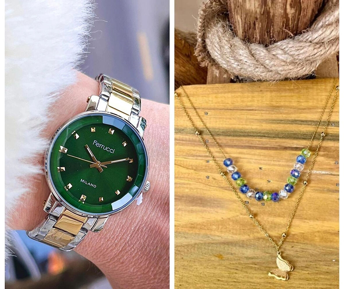 Ferrucci Sade Şık Model Çelik Kadın Kol Saati+Çelik Kolye Hediye