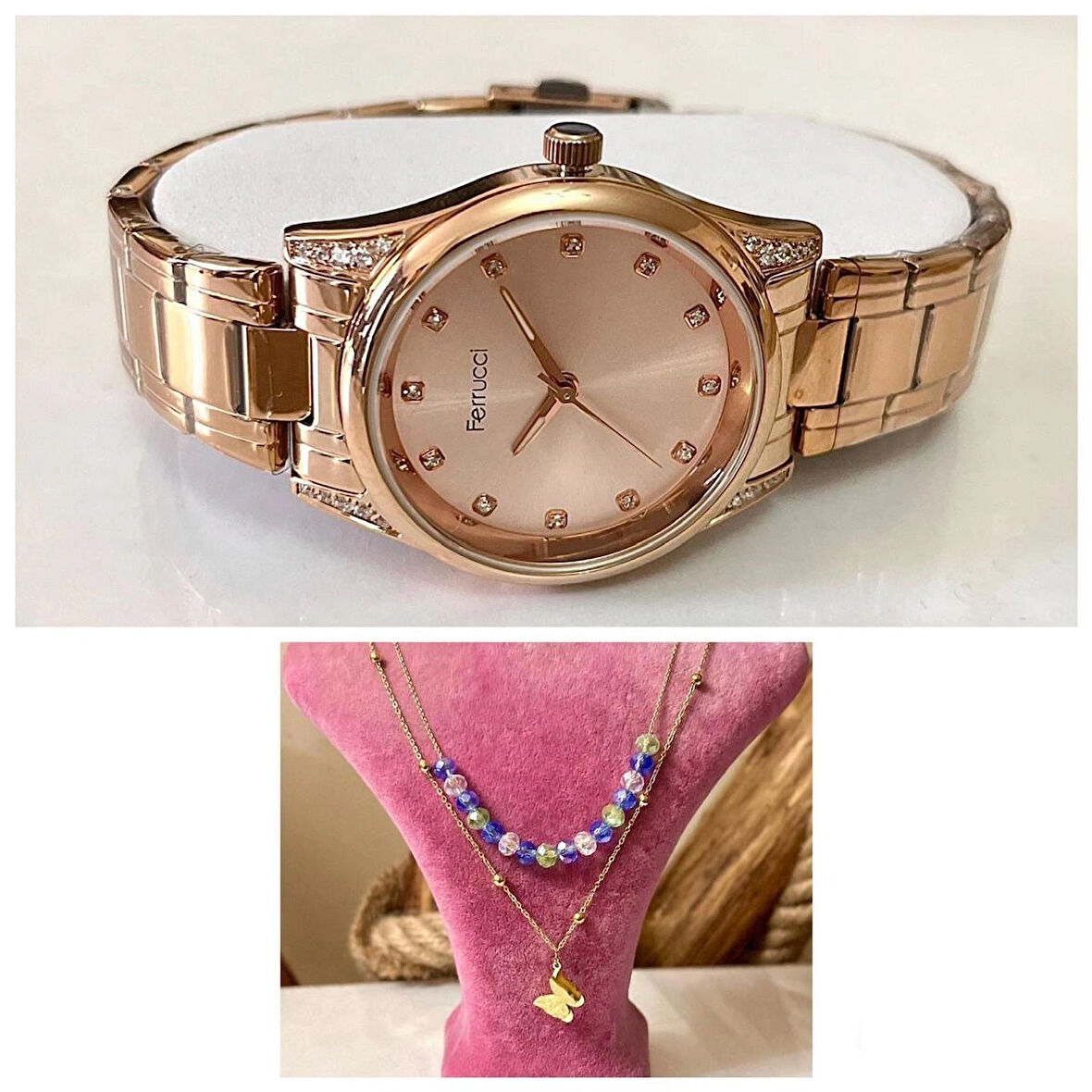 Ferrucci Rose Çelik Taşlı Kasa Kordon-Kadın Kol Saati+%100 Çelik Kolye Hediye