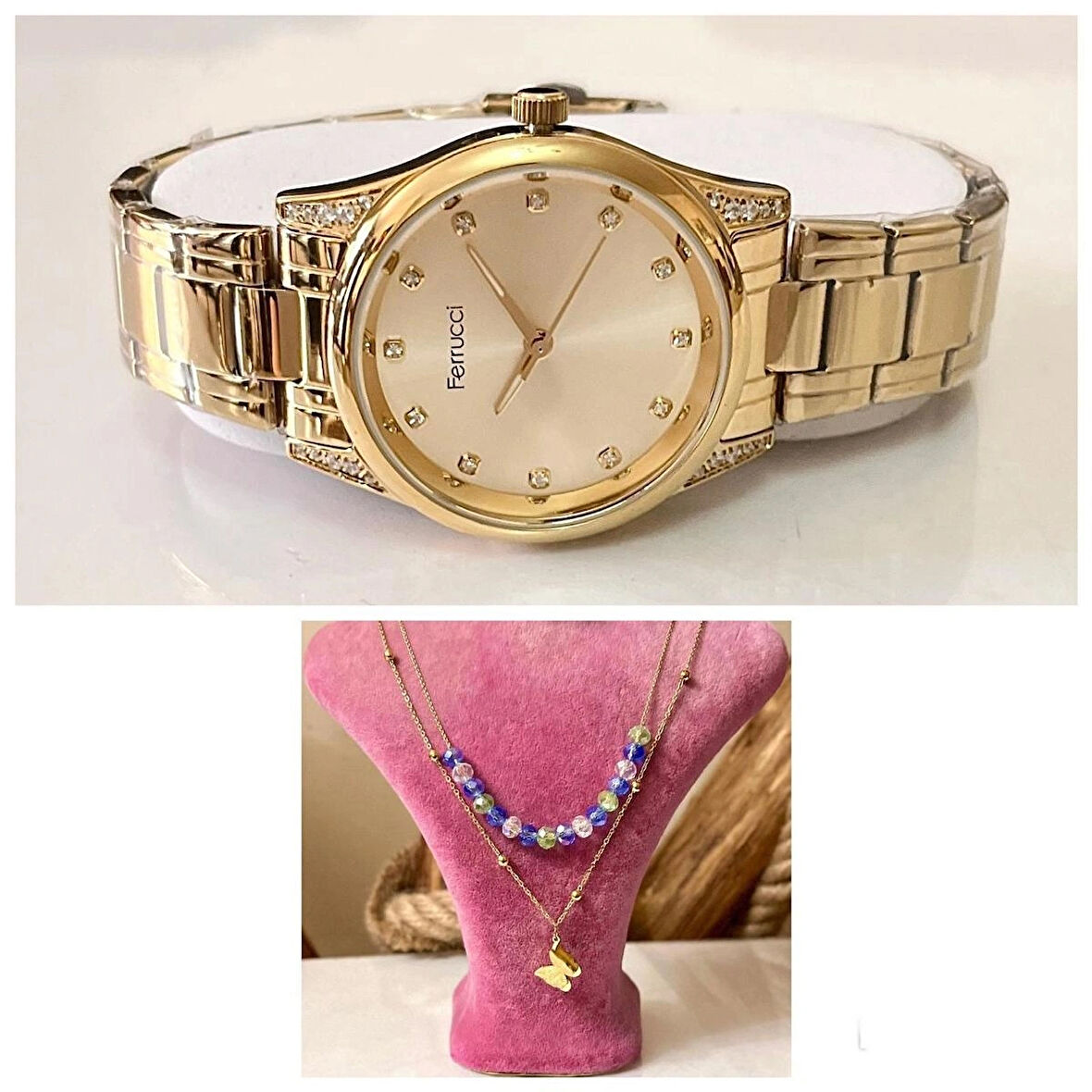 Ferrucci Gold Renk Çelik Taşlı Kasa Kordon-Kadın Kol Saati+%100 Çelik Kolye Hediye