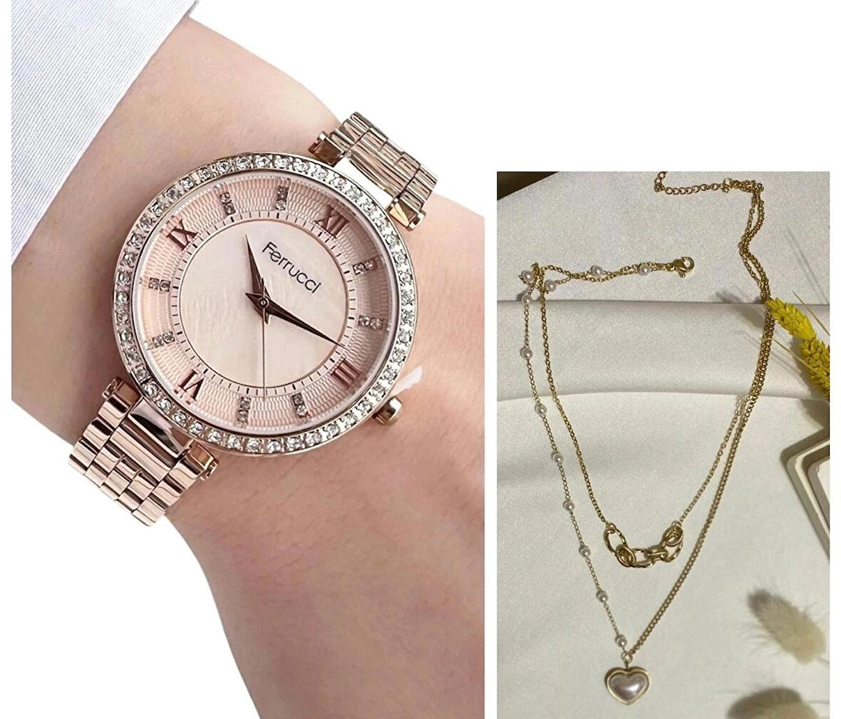Ferrucci RoseGold Çelik Kasa Kordon-Kadın Kol Saati+%100 Çelik Kolye Hediye