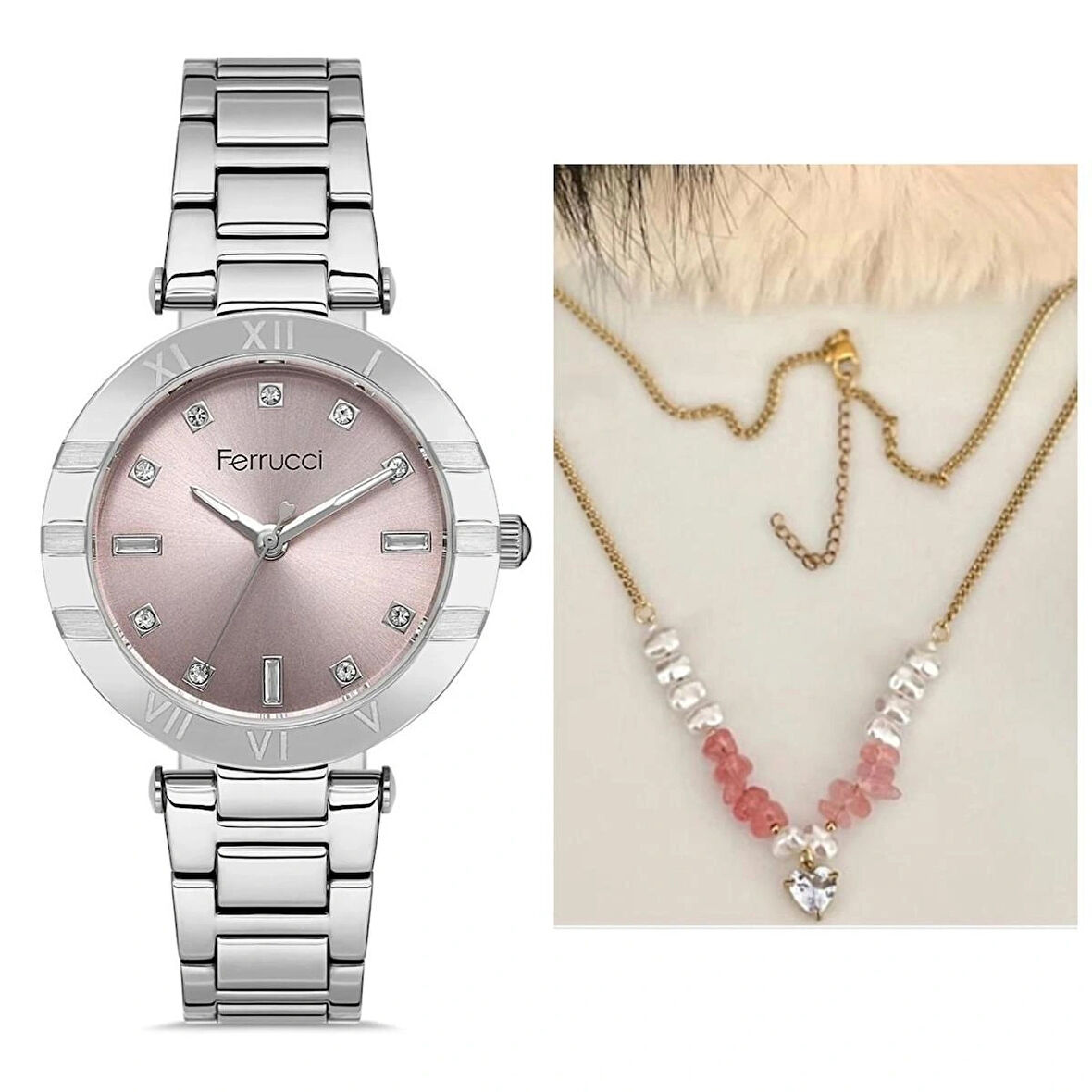 Ferrucci Yeni Sezon Çelik Kadın Kol Saati Şık Çelik Kolye Hediye