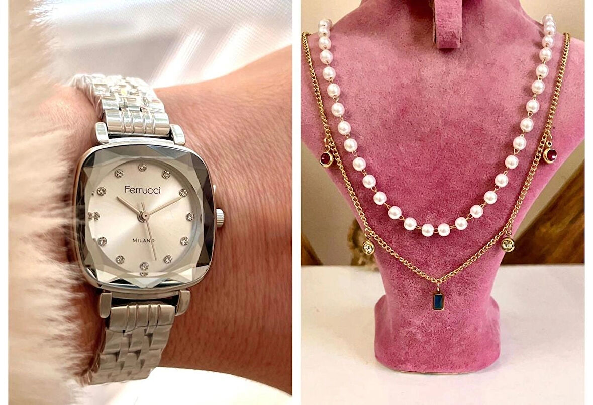 Ferrucci Kare Kadran Retro Model Kadın Kol Saati+Çelik Kolye Hediye
