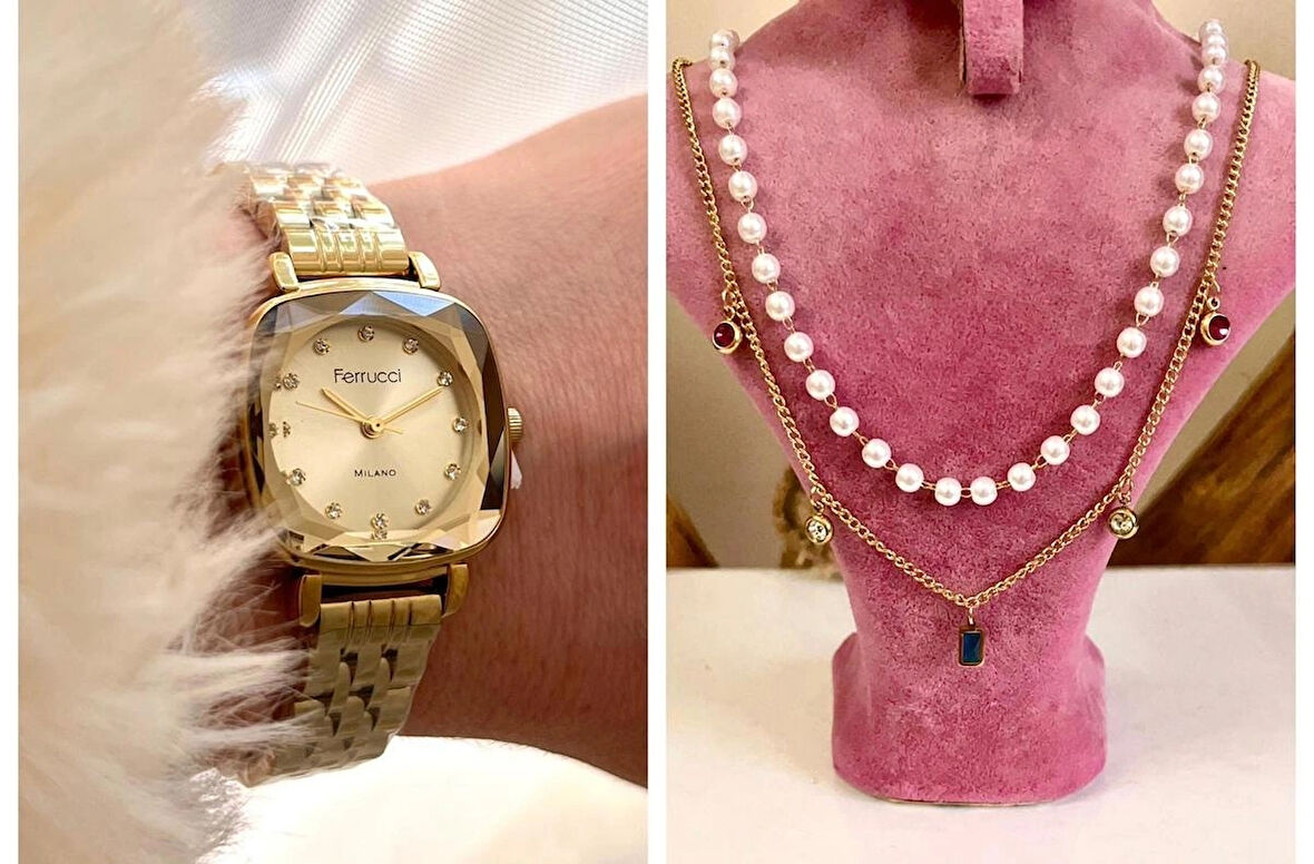 Ferrucci Kare Kadran Retro Model Kadın Kol Saati+Çelik Kolye Hediye