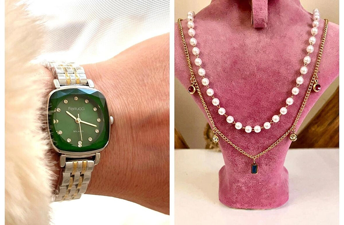 Ferrucci Kare Kadran Retro Model Kadın Kol Saati+Çelik Kolye Hediye