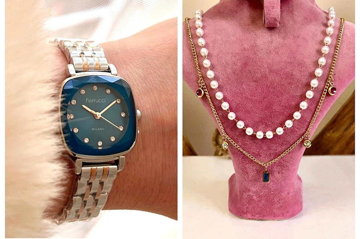 Ferrucci Kare Kadran Retro Model Kadın Kol Saati+Çelik Kolye Hediye