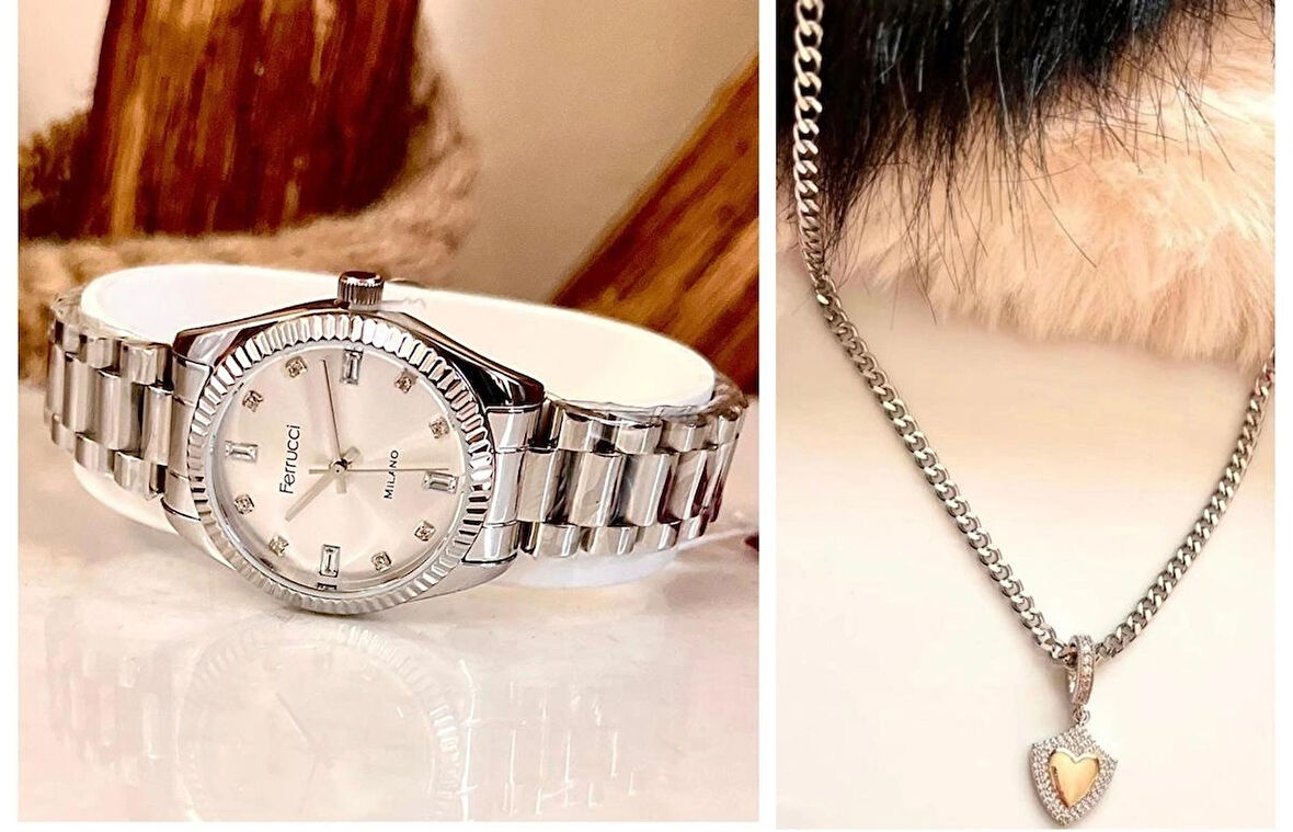 Ferrucci Yeni Sezon Çelik Şık Kadın Kol Saati+Çelik Kolye Hediye
