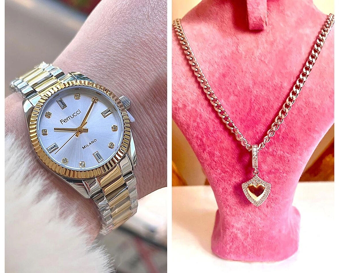 Ferrucci Yeni Sezon Çelik Şık Kadın Kol Saati+Çelik Kolye Hediye