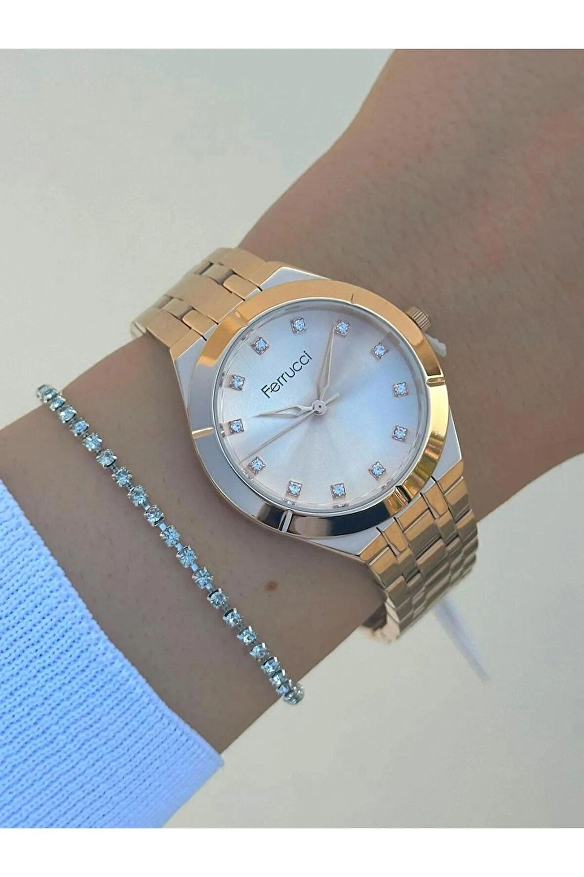Ferrucci Rosegold Renk Çelik Kasa Kordon-Kadın Kol Saati+Bileklik