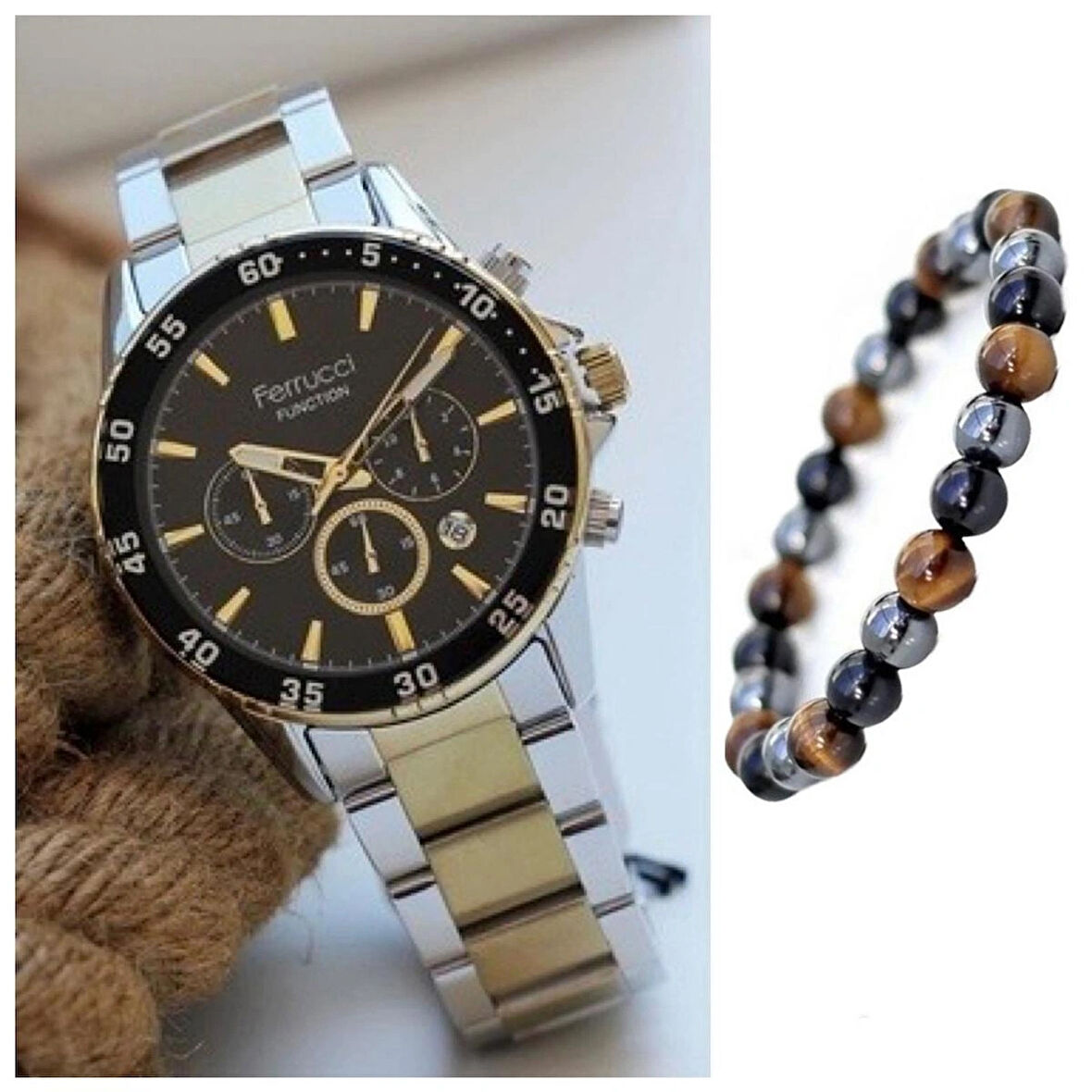 Ferrucci Fonksiyonlu&Takvimli Çelik Erkek Kol Saati+Bileklik Hediye