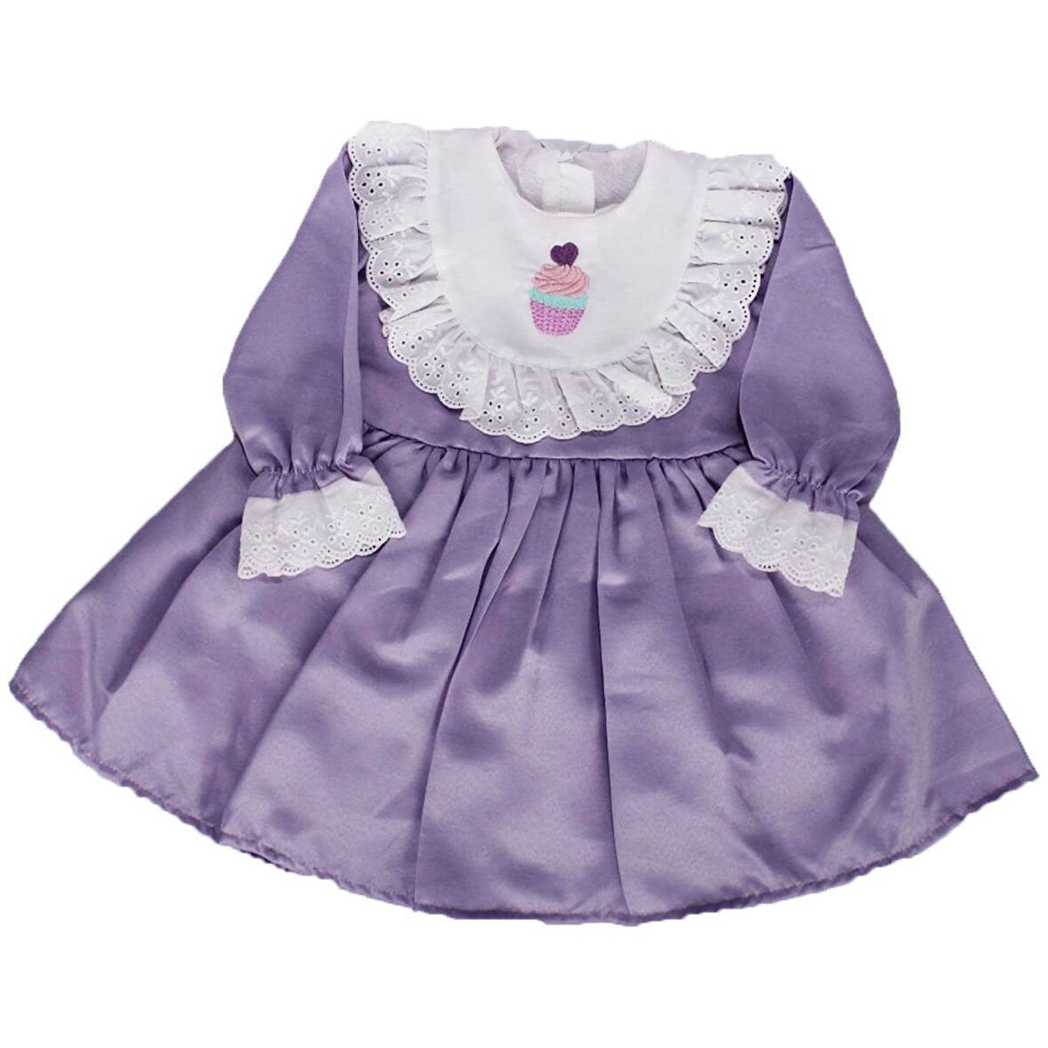 Kız Çocuk Lila Ekru Fırfırlı Cupcake Nakışlı Uzun Kollu Elbise