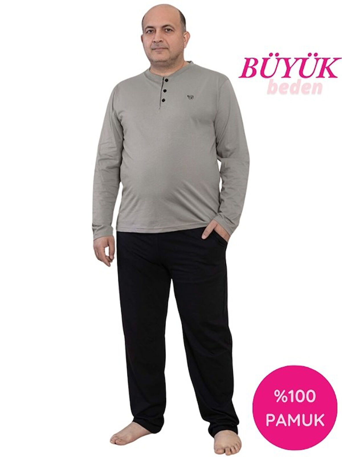 Erkek Büyük Beden 3 Düğmeli %100 Pamuk Mevsimlik Uzun Kol Cepli Pijama Takımı