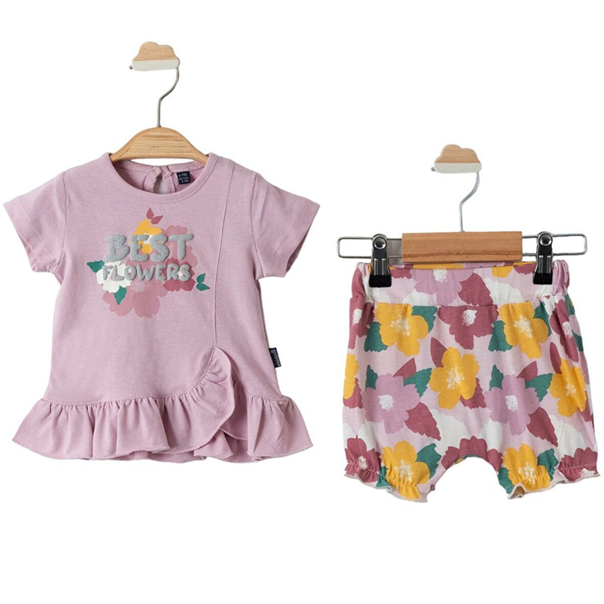 Kız Bebek Lila Best Flowers Baskılı Renkli Şortlu 2'li Takım