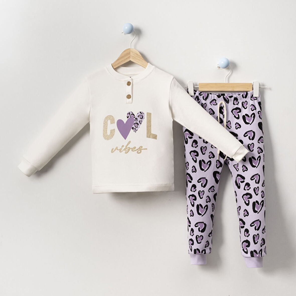 Kız Çocuk Ekru Mor Cool Kalp Baskılı 2'li Pijama Takımı