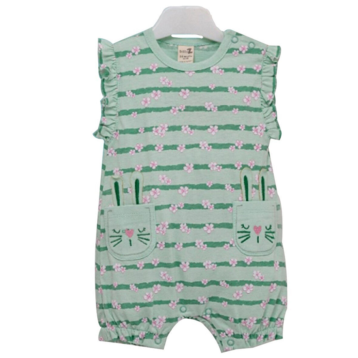 Kız Bebek Yeşil Çiçekli Çizgili Cepli Tulum