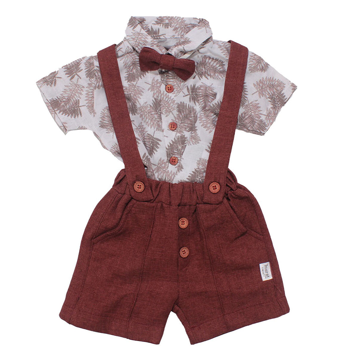 Erkek Bebek Bordo Yaprak Desenli Papyonlu Gömlekli Salopet Takım