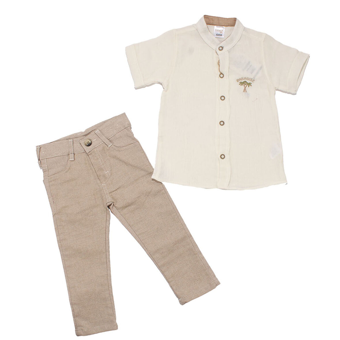 Erkek Çocuk Ekru Bej Palmiye Desenli Hakim Yaka Müslin Gömlek 2'li takım