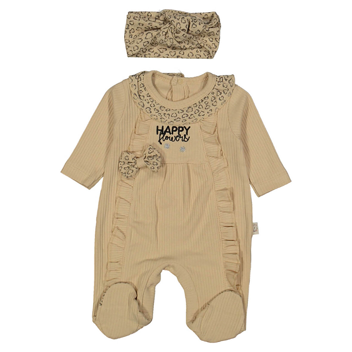 Kız Bebek Kahve Kalp Desenli Happy Yazılı Fiyonklu Bandanalı Tulum