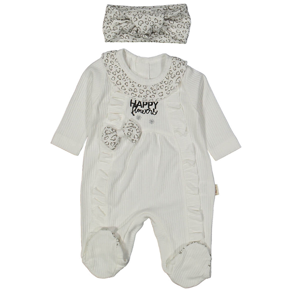 Kız Bebek Ekru Kalp Desenli Happy Yazılı Fiyonklu Bandanalı Tulum