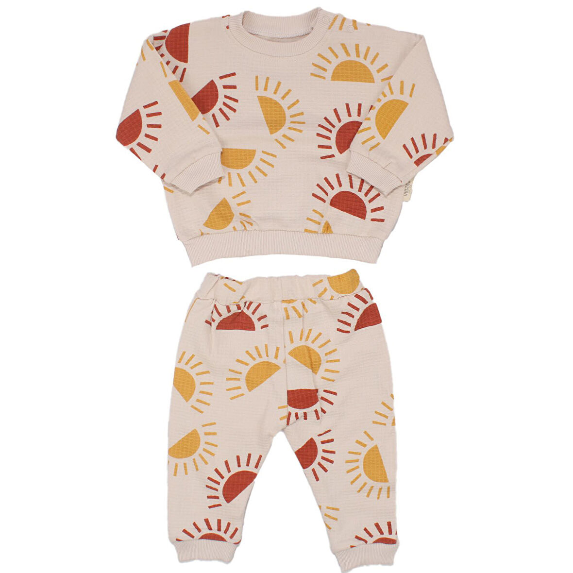 Erkek Bebek Ekru Waffle Kumaş Sarı Turuncu Güneş Desenli 2'li Takım