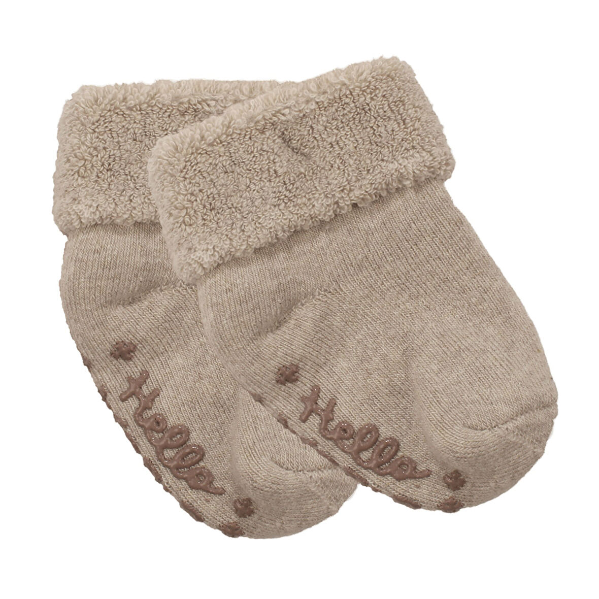 Unisex Bej Kıvrık Hello Kaydırmaz Taban Havlu Çorap