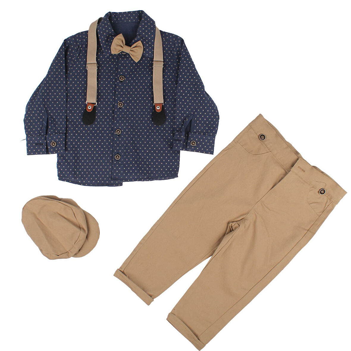 Erkek Bebek Laci Kahve Puanlı Papyonlu Şapkalı Gömlek Takım